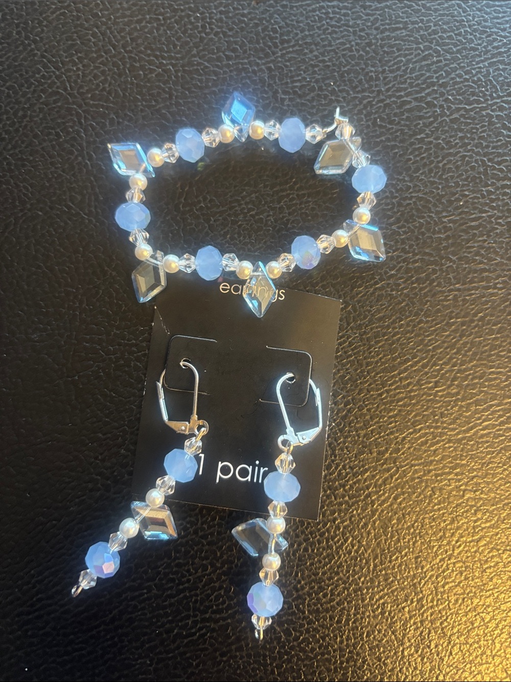 Light Blue Beaded Dangle Earrings with Matching Bracelet - Women Jewelry
